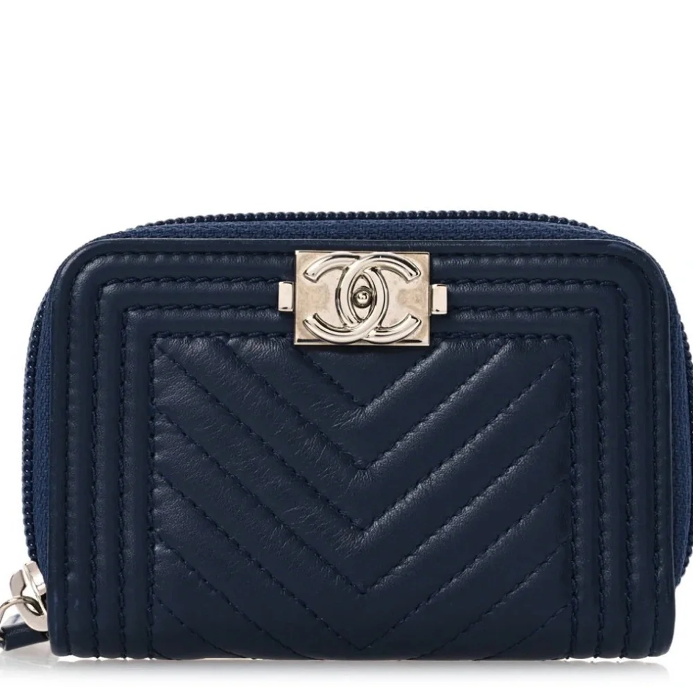 CHANEL Dark Blue Chevron Leather Wallet Coin Purse - Picture 1 of 11